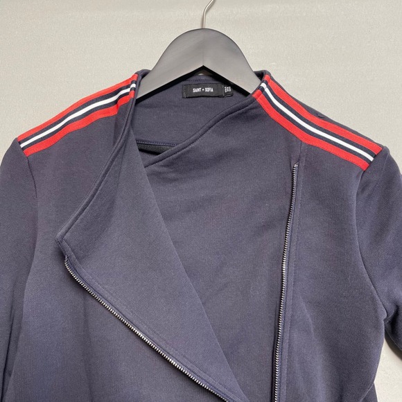 Saint + Sofia Navy Moto Jacket Organic Cotton Stripe Detail Women's Size 4 - Picture 4 of 7